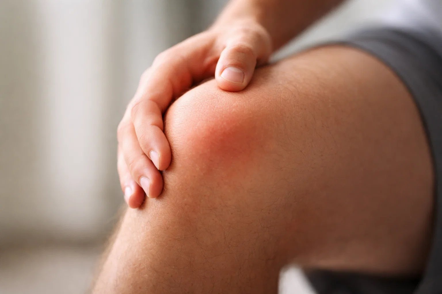Close-up photograph of a person's knee joint showing subtle signs of discomfort, hand gently touching the area, natural lighting, medical photography style, soft focus background
